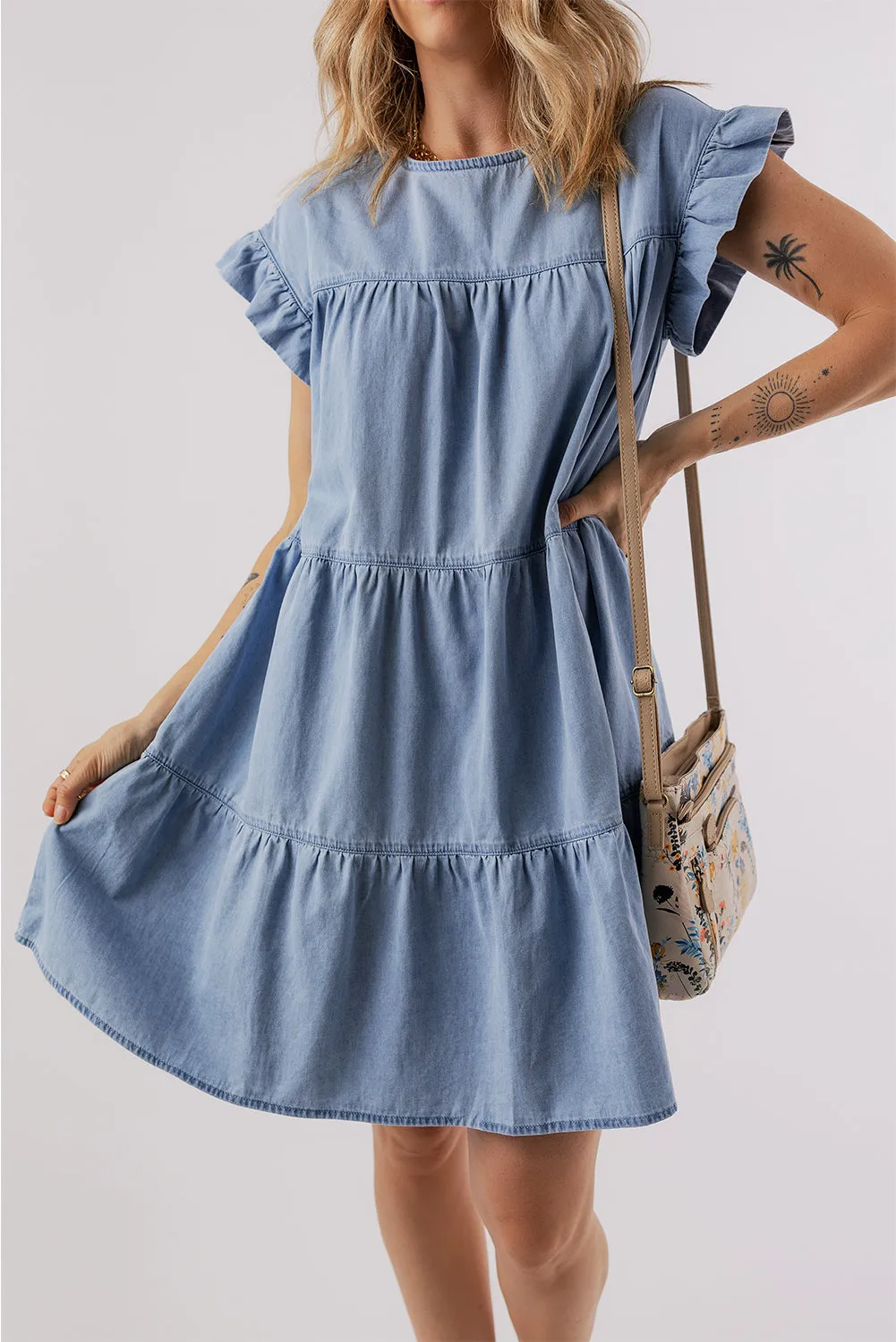 Ruffle Tiered A-line Denim Dress