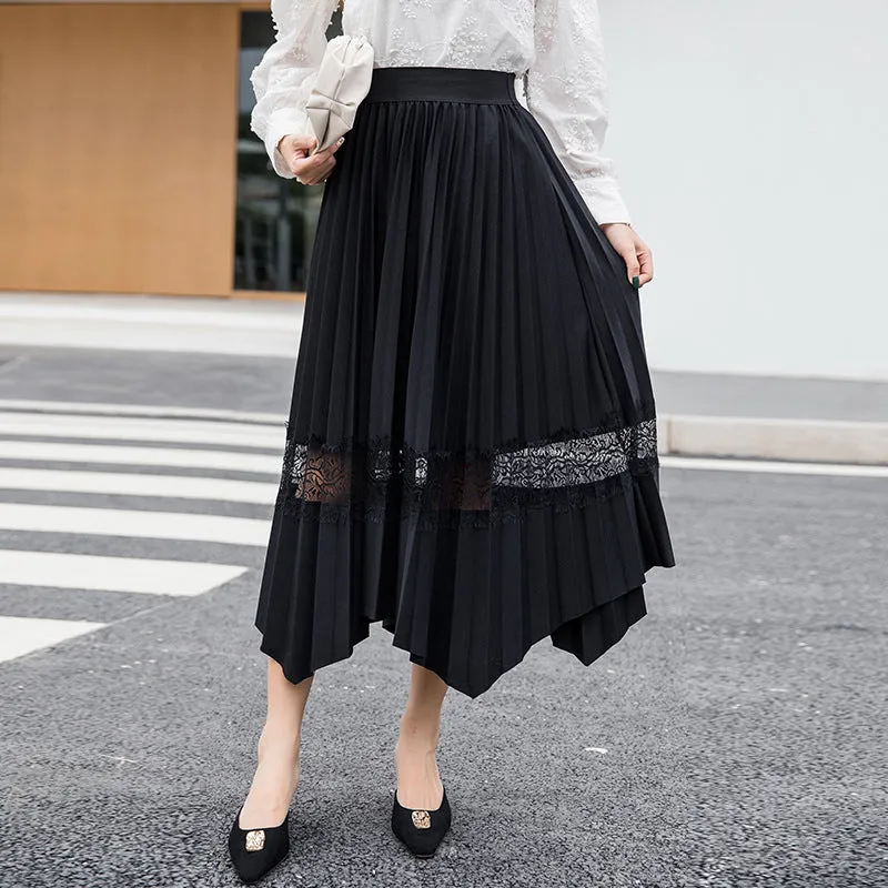 Skirt Elastic Waist Lace Spliced Color-Matching Niche Pleated Plus Size Flare Skirt