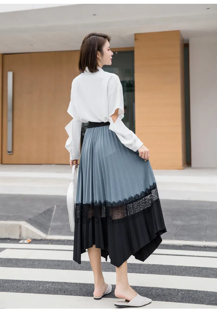 Skirt Elastic Waist Lace Spliced Color-Matching Niche Pleated Plus Size Flare Skirt