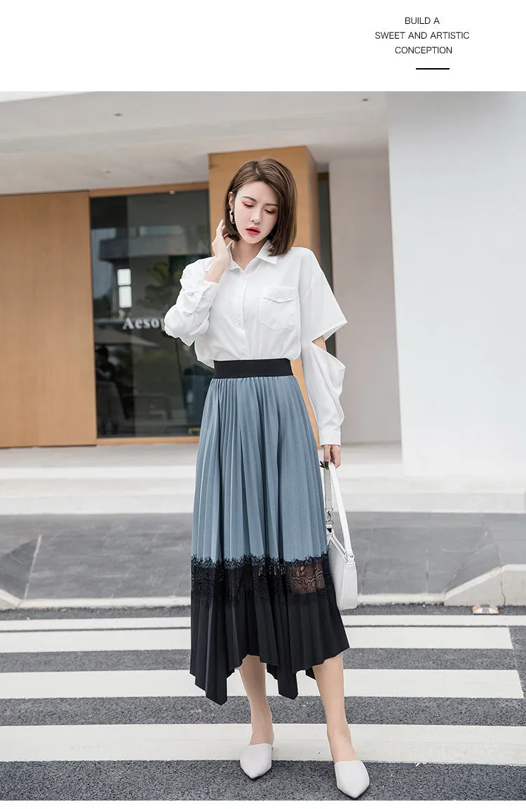 Skirt Elastic Waist Lace Spliced Color-Matching Niche Pleated Plus Size Flare Skirt