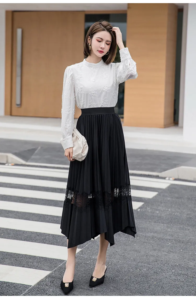 Skirt Elastic Waist Lace Spliced Color-Matching Niche Pleated Plus Size Flare Skirt