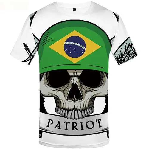 Skull T shirts Men White Tshirt Printed Punk T shirts Funny Brazilian Flag T-shirts Graphic Short Sleeve Fashion Men Tee Top