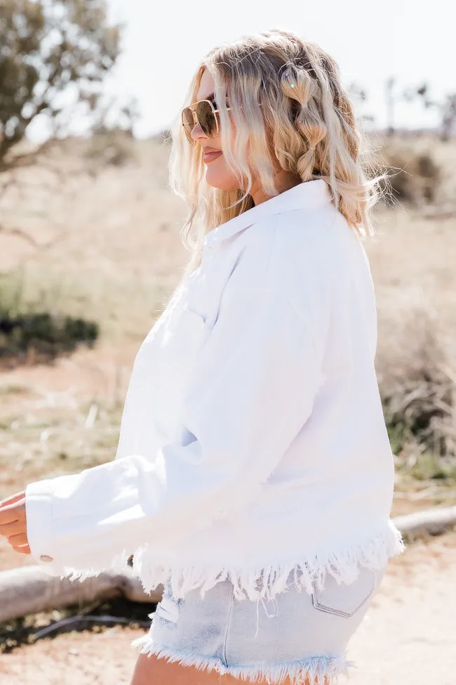 Sun Up In The Saddle White Fringe Hem Denim Jacket FINAL SALE