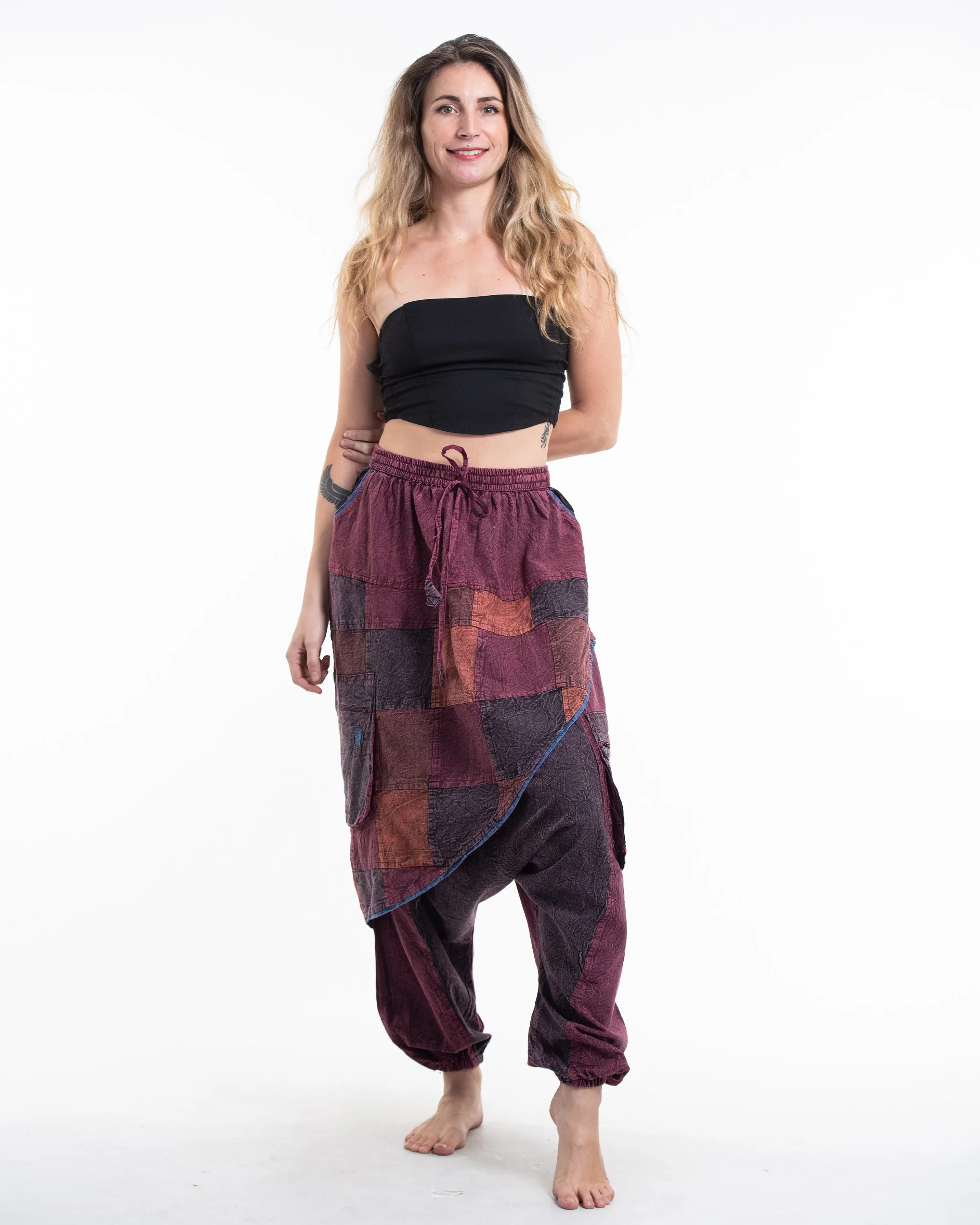 Unisex Patchwork Stone Washed Low Cut Cotton Pants in Maroon 02