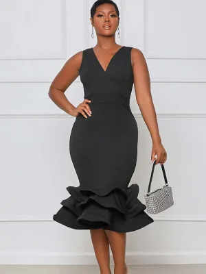 V Neck Ruffle Sleeveless Midi Dresses