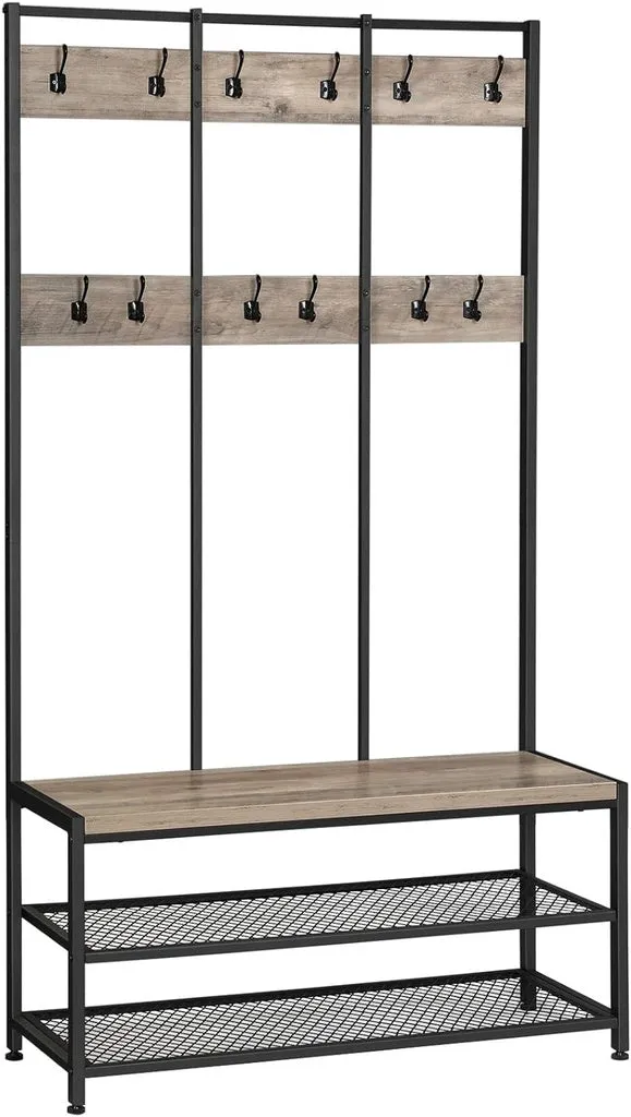 VASAGLE Large Coat Rack Stand with 12 Hooks and Shoe Bench Greige and Black