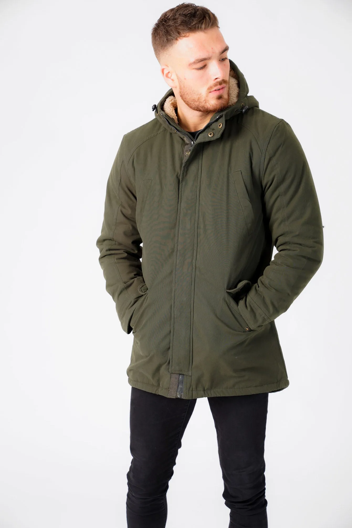 Welker Borg Lined Hooded Parka Coat with Fishtail Hem in Rosin Green - Tokyo Laundry