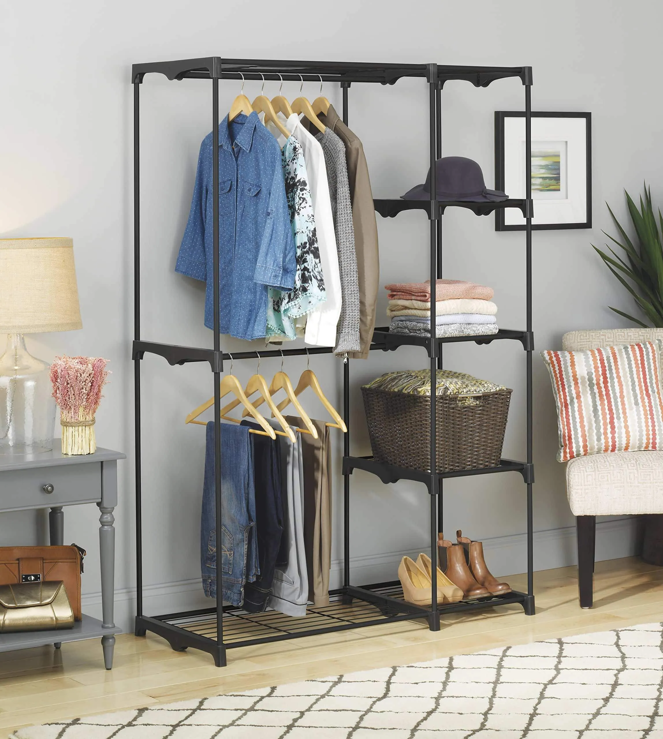 Whitmor Freestanding Portable Closet Organizer - Heavy Duty Black Steel Frame - Double Rod Wardrobe Cloths Storage With 5 Shelves & Shoe Rack for Home or Office - Size: 45-1/4 x 19-1/4 x 68"