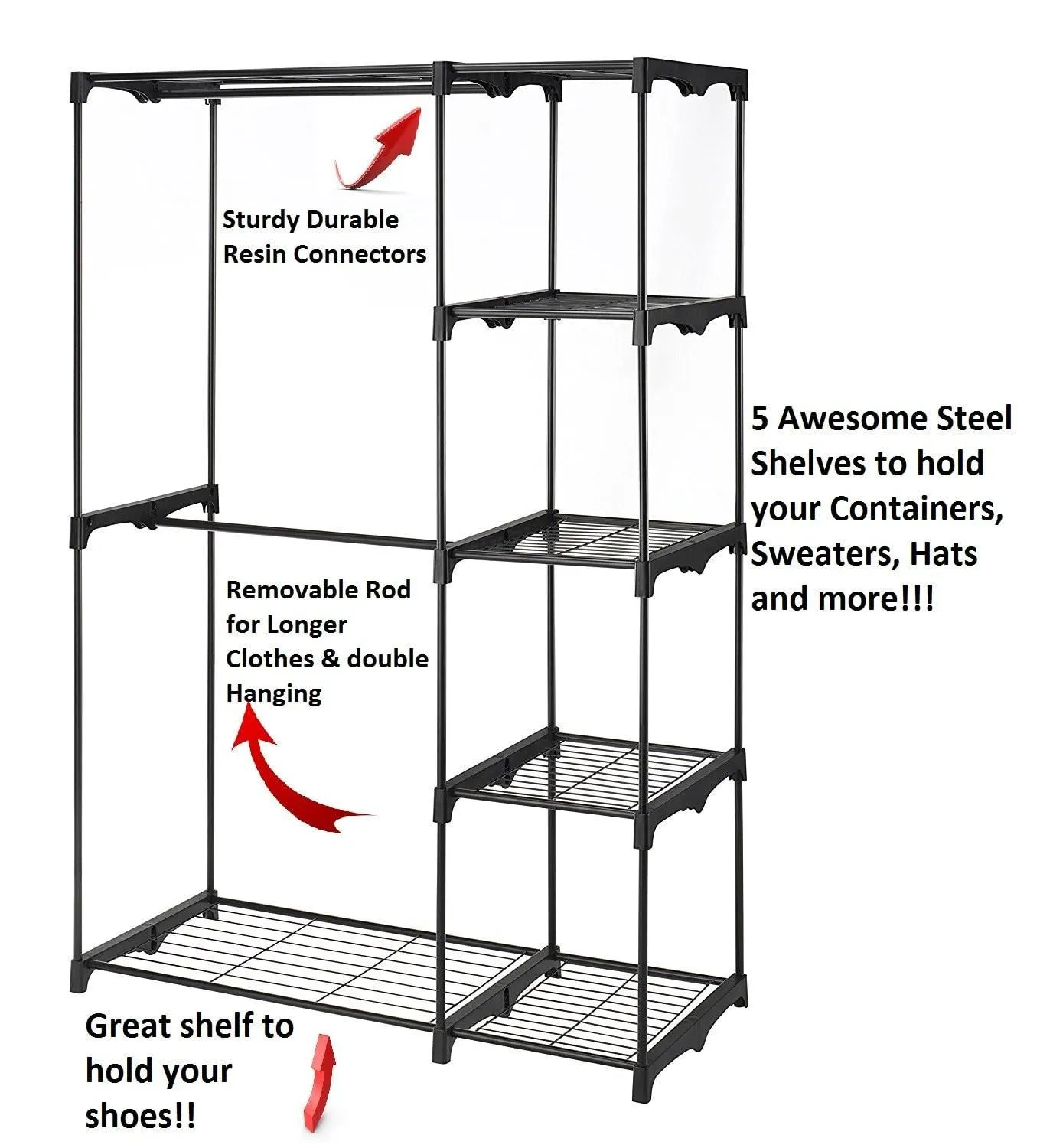 Whitmor Freestanding Portable Closet Organizer - Heavy Duty Black Steel Frame - Double Rod Wardrobe Cloths Storage With 5 Shelves & Shoe Rack for Home or Office - Size: 45-1/4 x 19-1/4 x 68"