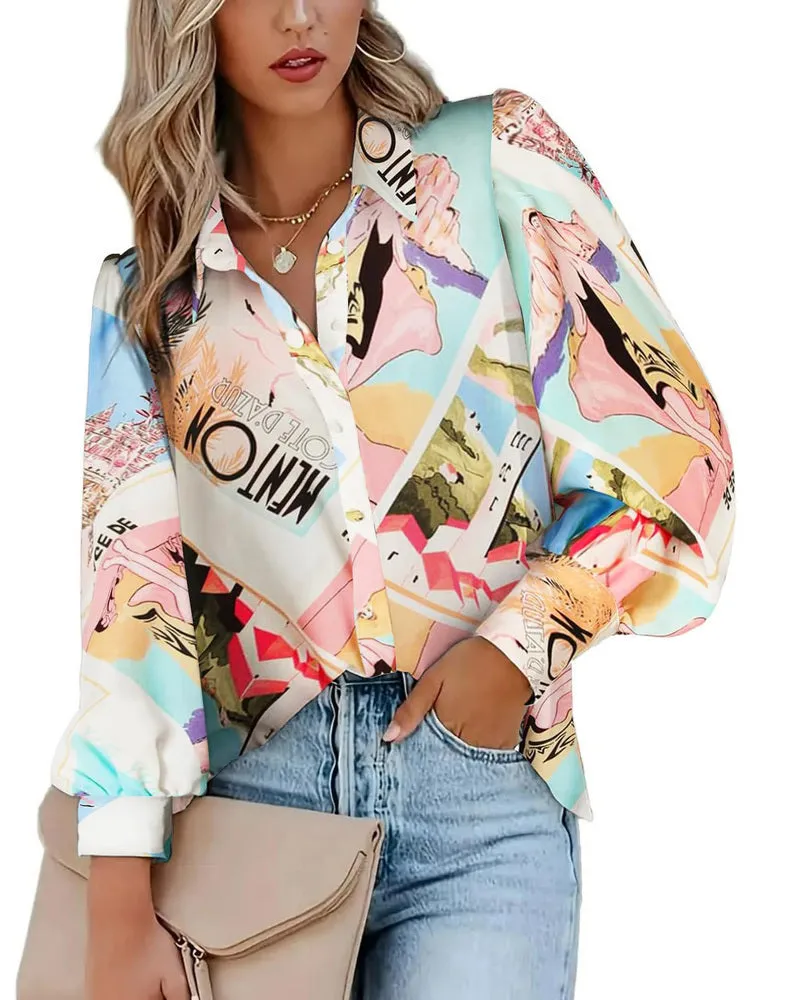 Zeagoo Printed Lantern Long Sleeve Blouse