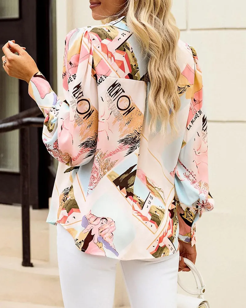 Zeagoo Printed Lantern Long Sleeve Blouse