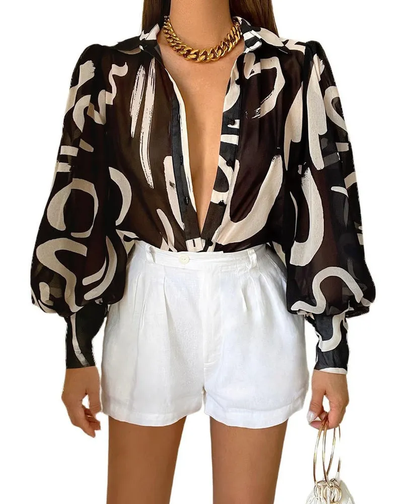 Zeagoo Printed Lantern Long Sleeve Blouse