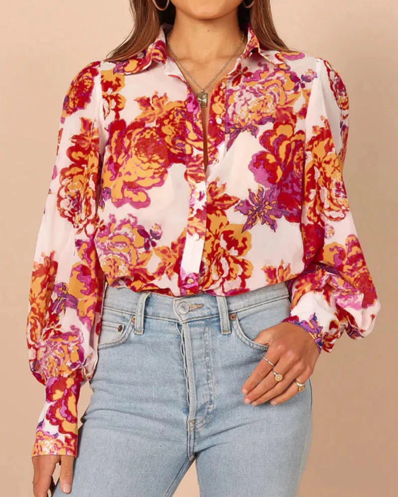 Zeagoo Printed Lantern Long Sleeve Blouse