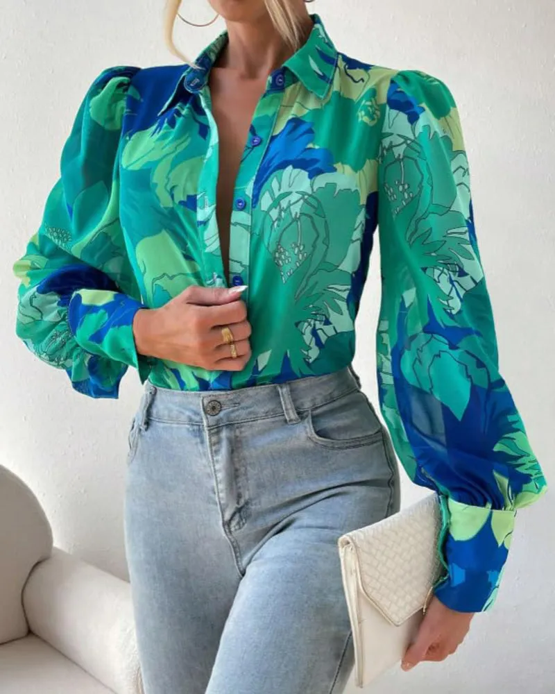 Zeagoo Printed Lantern Long Sleeve Blouse