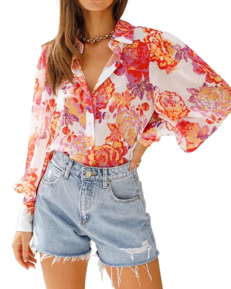 Zeagoo Printed Lantern Long Sleeve Blouse