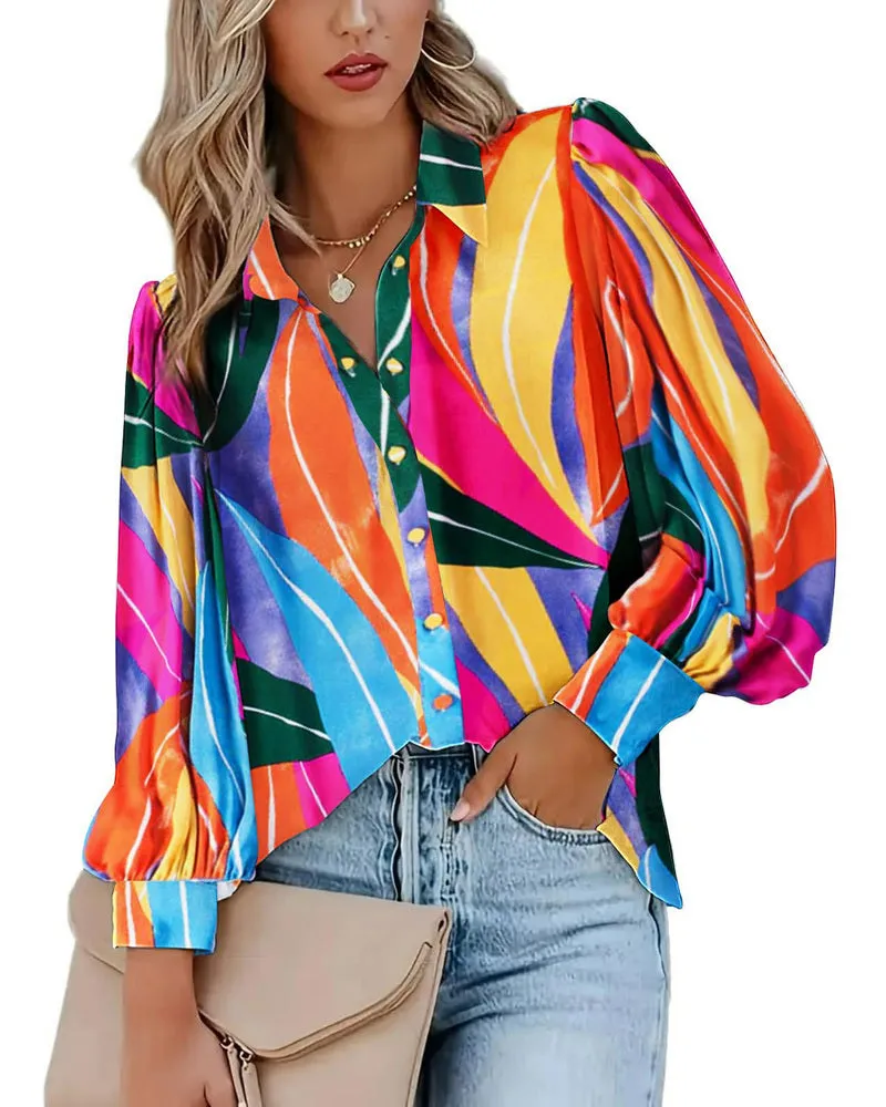 Zeagoo Printed Lantern Long Sleeve Blouse