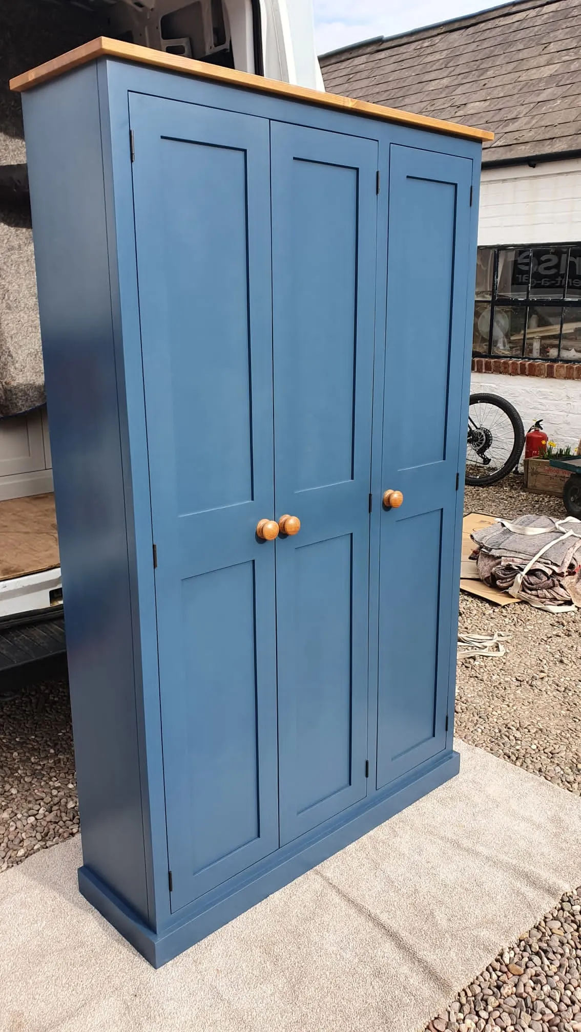 z**IN STOCK** One Only - 3 Door Hall, Utility Room, Cloak Room Coat & Shoe Storage Cupboard (35 cm deep) OPTION 2 in STIFFKEY BLUE