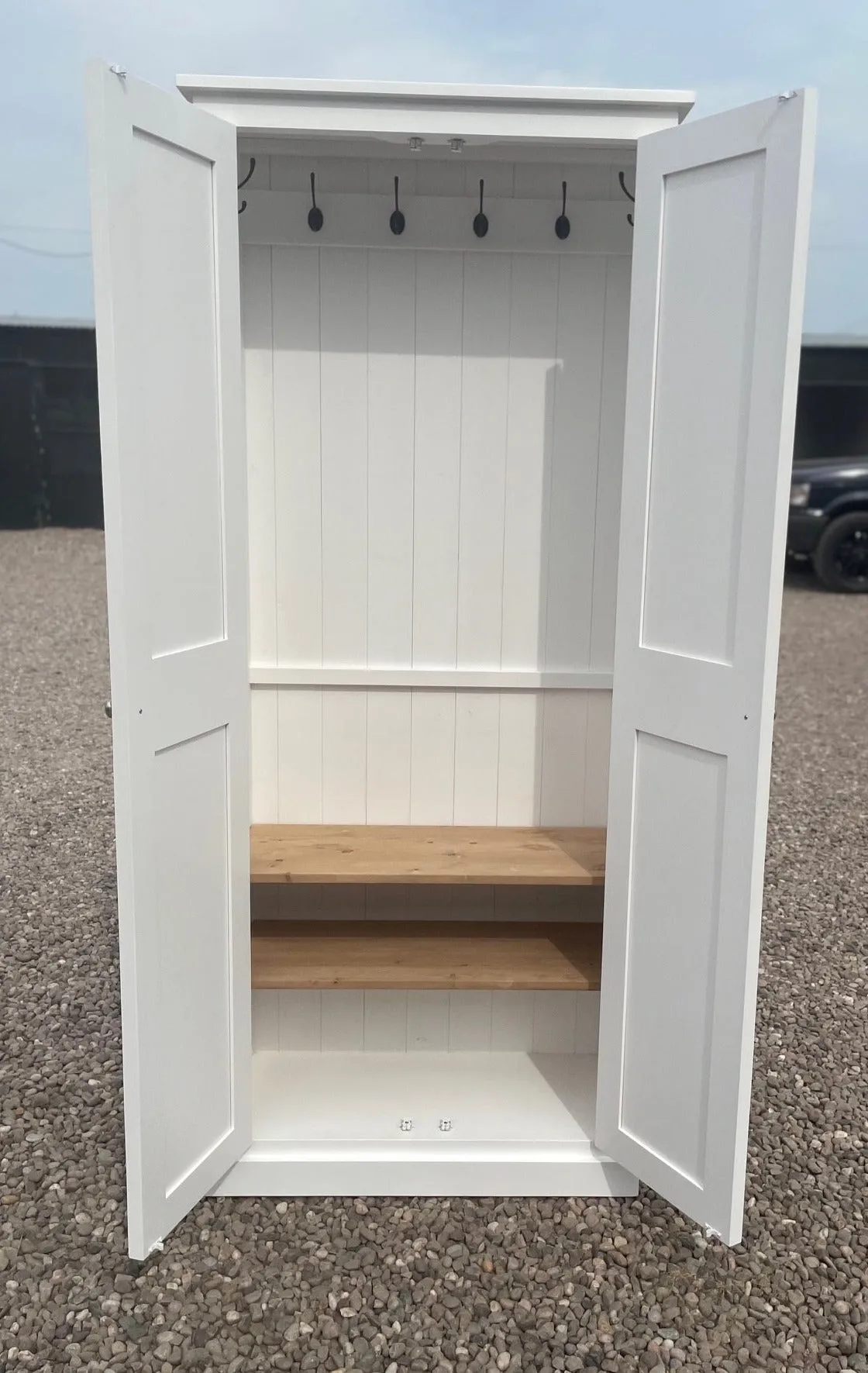 z**IN STOCK** One Only - READY FOR COLLECTION - 2 door Hallway, Utility, Cloak Room Storage Cupboard with Hooks and Shelves (35 cm deep)