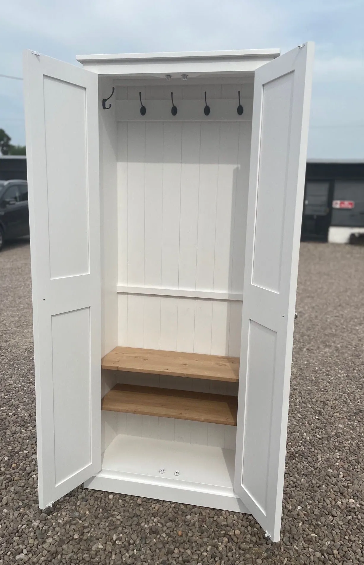 z**IN STOCK** One Only - READY FOR COLLECTION - 2 door Hallway, Utility, Cloak Room Storage Cupboard with Hooks and Shelves (35 cm deep)