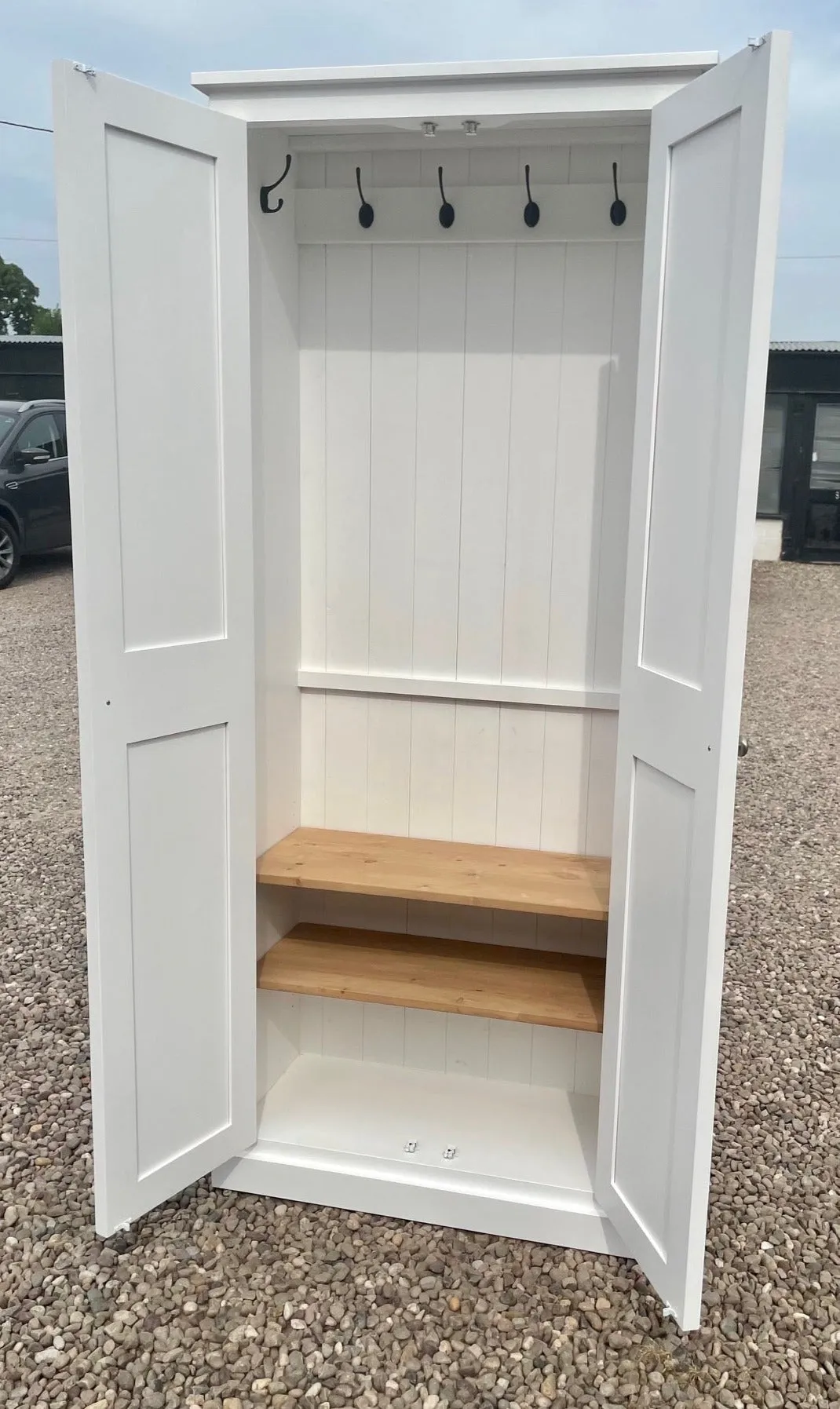 z**IN STOCK** One Only - READY FOR COLLECTION - 2 door Hallway, Utility, Cloak Room Storage Cupboard with Hooks and Shelves (35 cm deep)