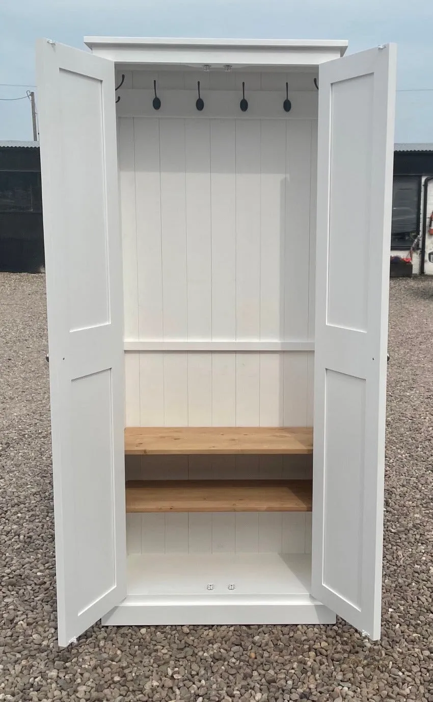 z**IN STOCK** One Only - READY FOR COLLECTION - 2 door Hallway, Utility, Cloak Room Storage Cupboard with Hooks and Shelves (35 cm deep)