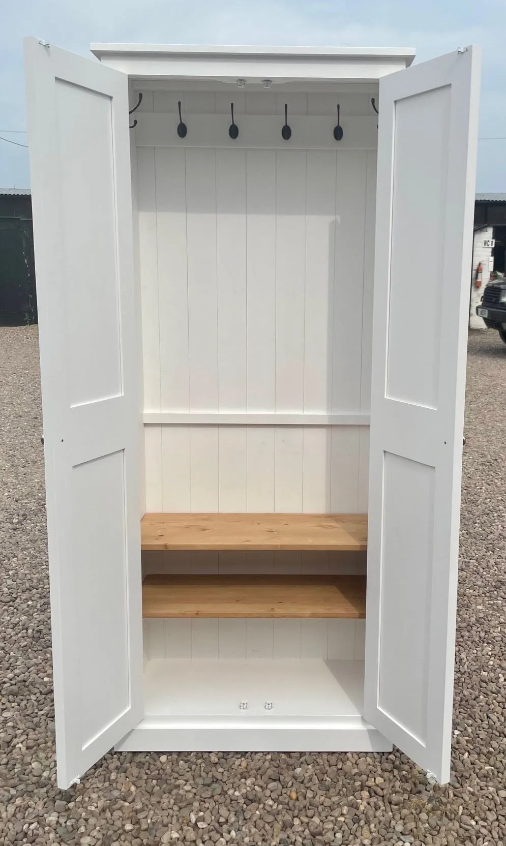 z**IN STOCK** One Only - READY FOR COLLECTION - 2 door Hallway, Utility, Cloak Room Storage Cupboard with Hooks and Shelves (35 cm deep)